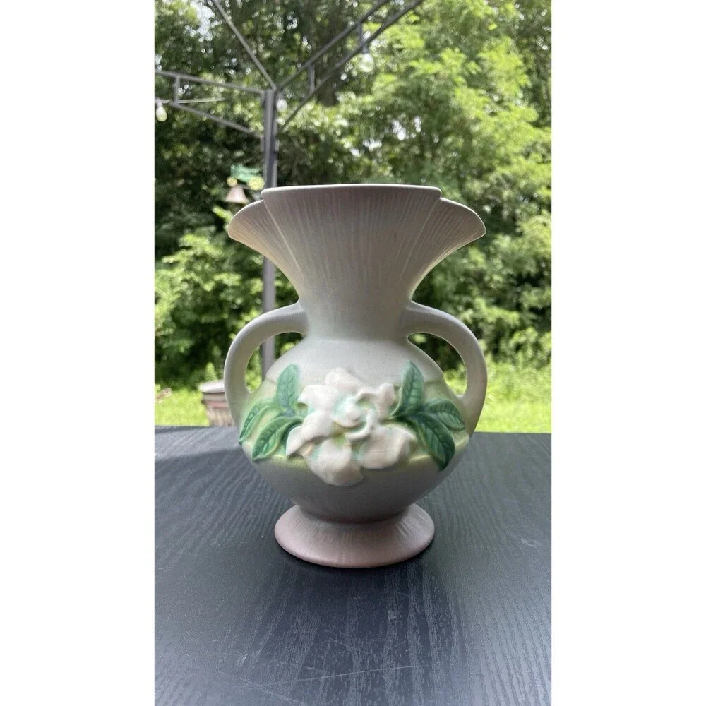 8.25in Roseville 1950s Gardenia Gray/ Purple  White Blossom Bulbous Vase #684-8